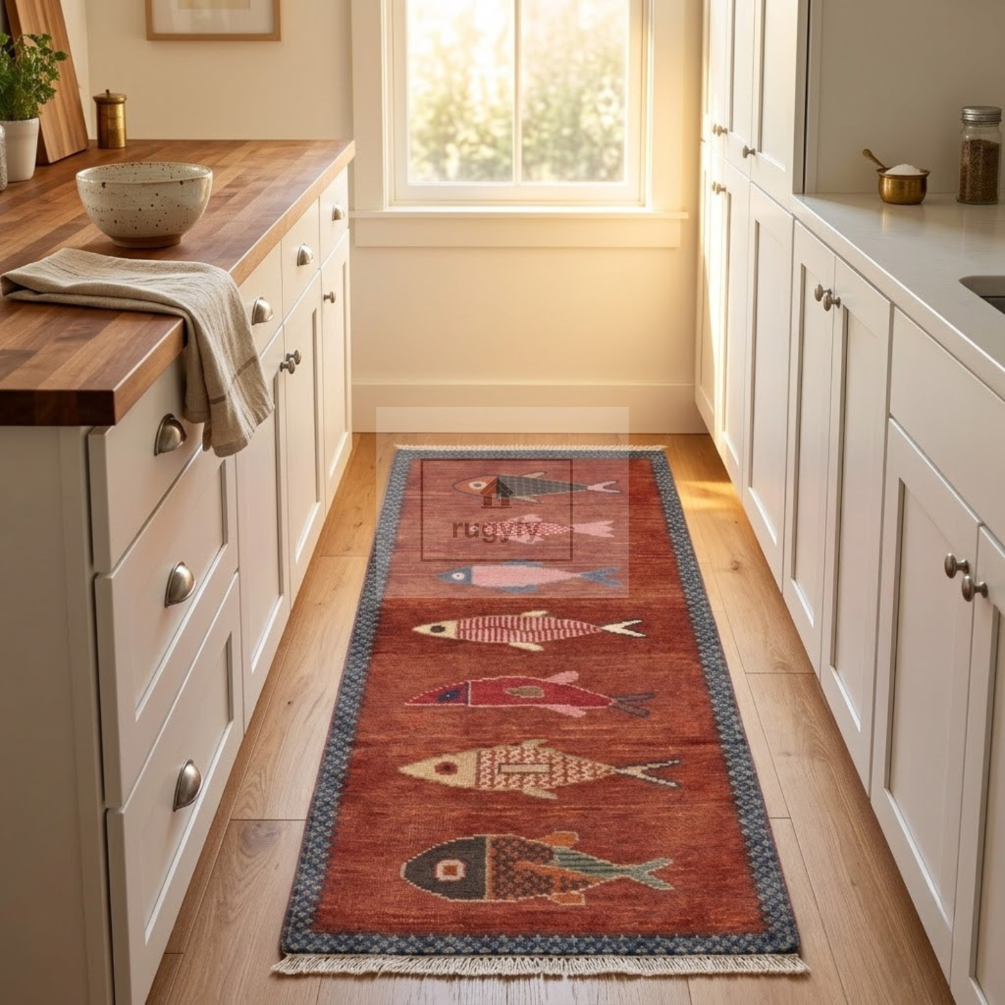 Terracotta Fish Motif Hand-Knotted Wool Rug | 2026's Trending Rust Pictorial Rug for Living Room