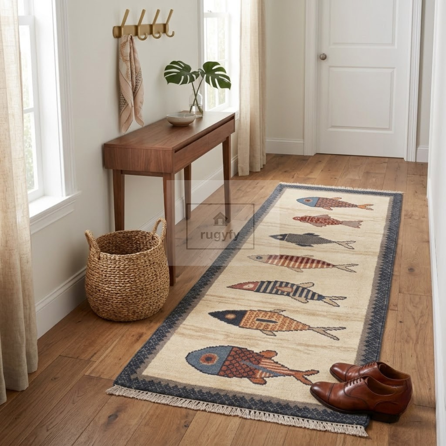Ivory Fish Motif Hand-Knotted Wool Rug | Quiet Luxury Pictorial Rug for Nursery &amp; Living Room