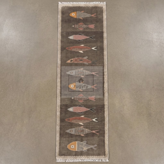 Charcoal Fish Motif Hand-Knotted Wool Rug | Moody Neutral Pictorial Rug for Hallway &amp; Entryway
