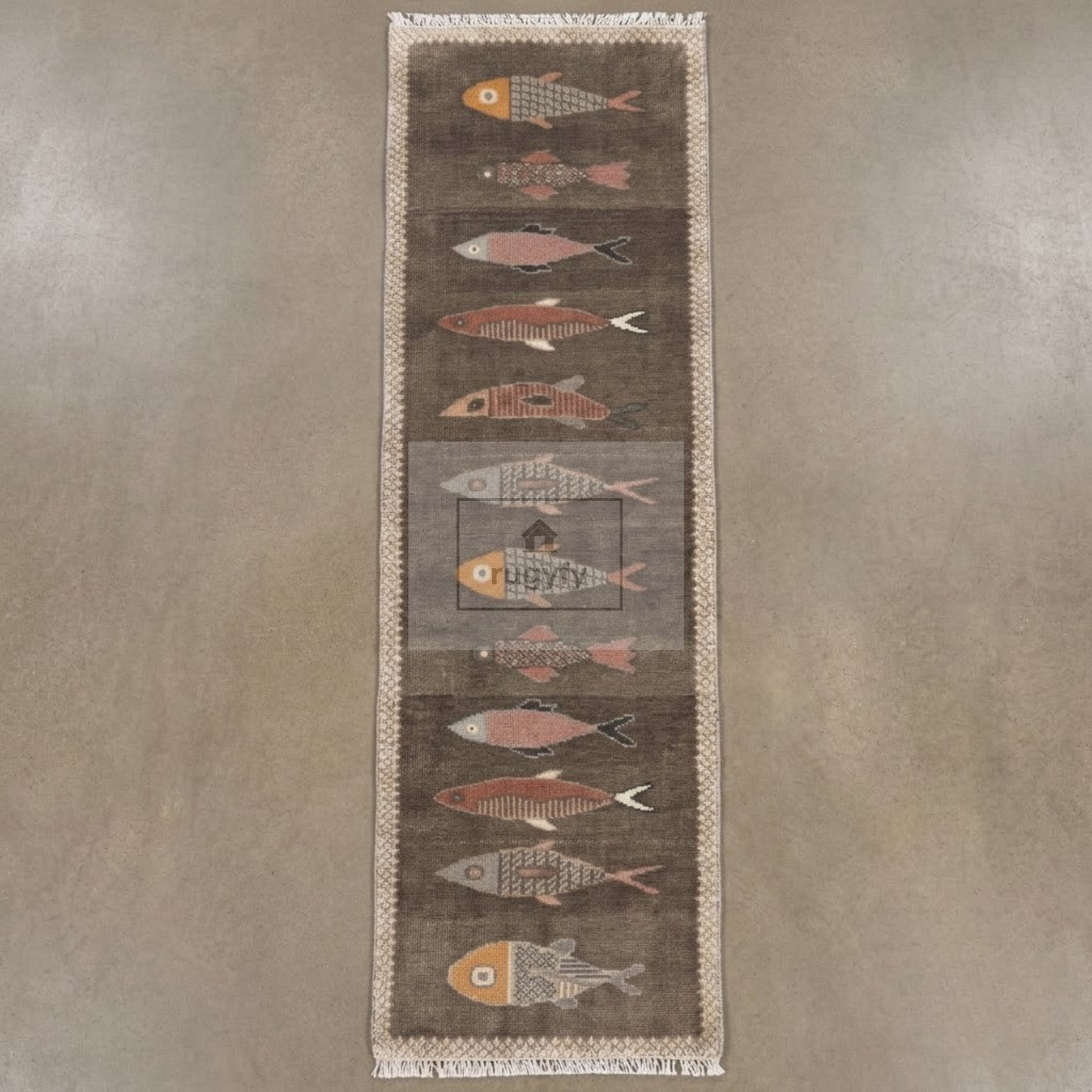 Charcoal Fish Motif Hand-Knotted Wool Rug | Moody Neutral Pictorial Rug for Hallway &amp; Entryway