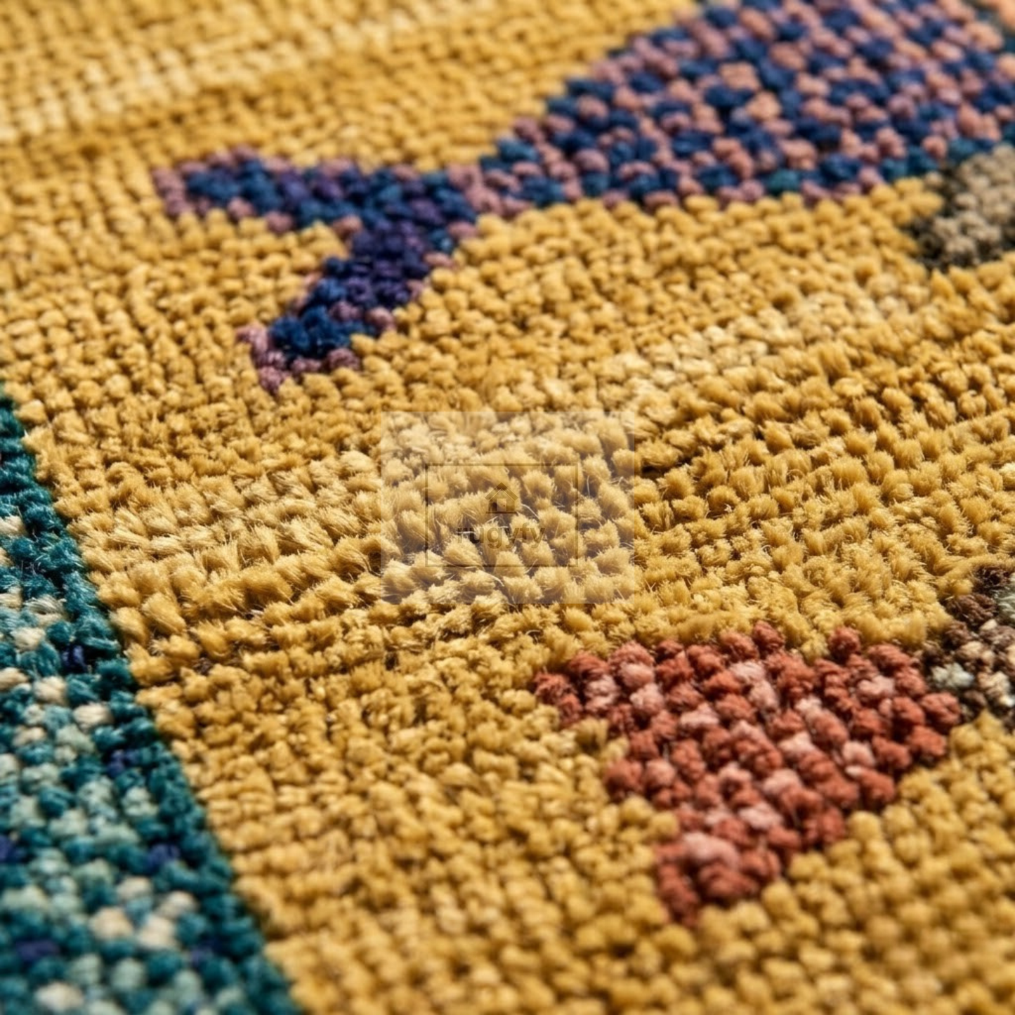 Golden Fish Motif Hand-Knotted Wool Rug | Whimsical Pictorial Folk Art Area Rug for Living Room