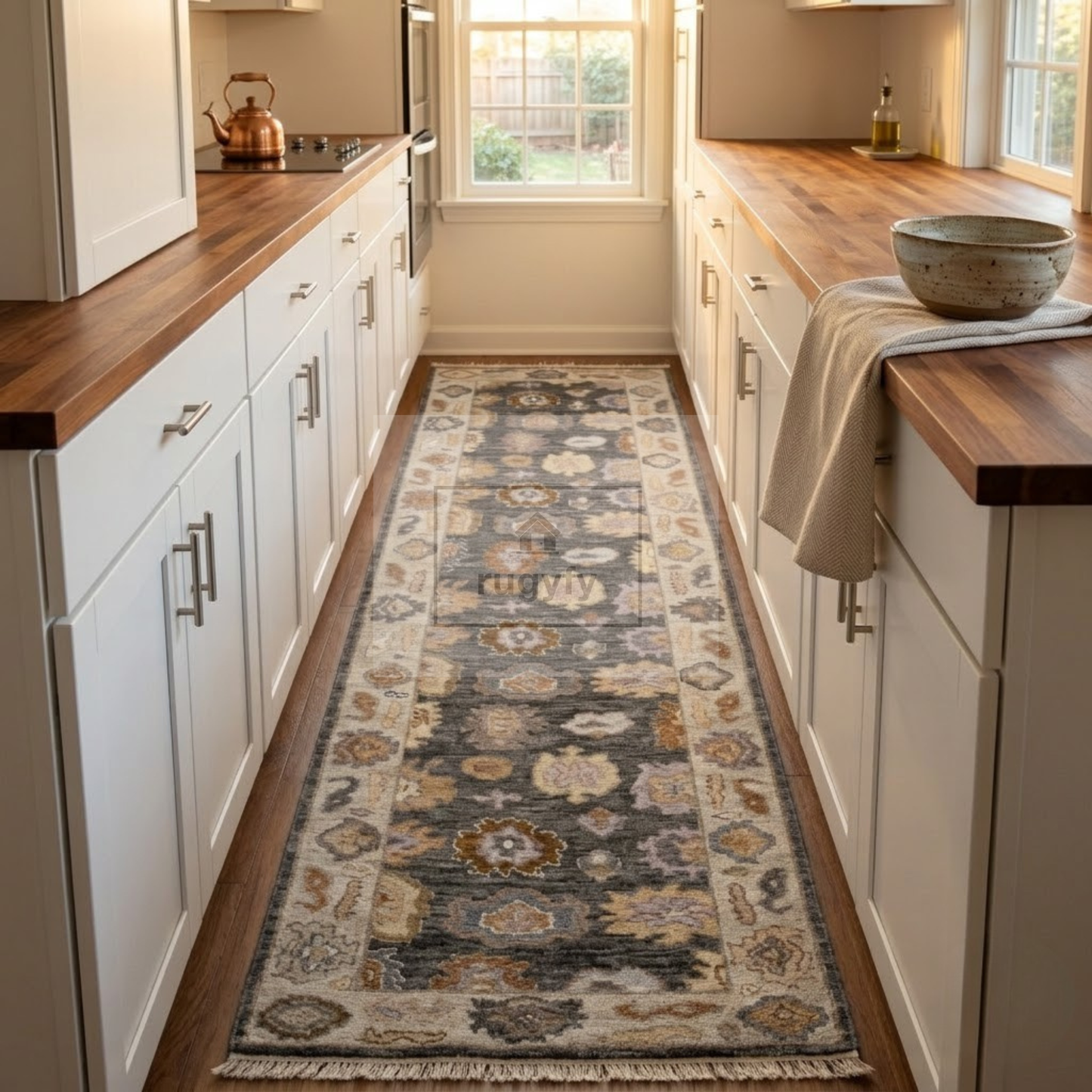 Charcoal & Ivory Oushak Rug | 2.5x12 & 3x14 ft | Hand-Knotted Wool Floral | Living Room & Dining Room