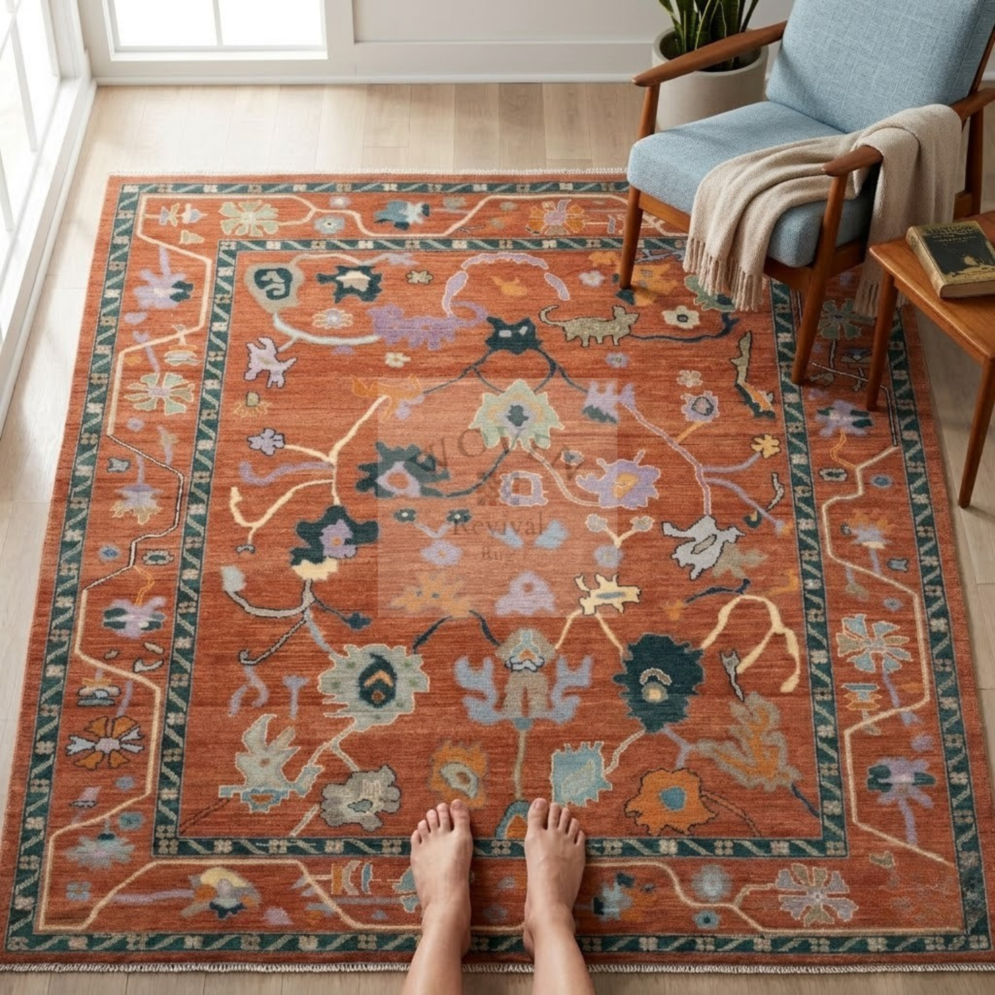 Terracotta Oushak Rug | Hand-Knotted Wool Area Rug with Folk Animal Motifs in Rust, Pine Teal & Lavender