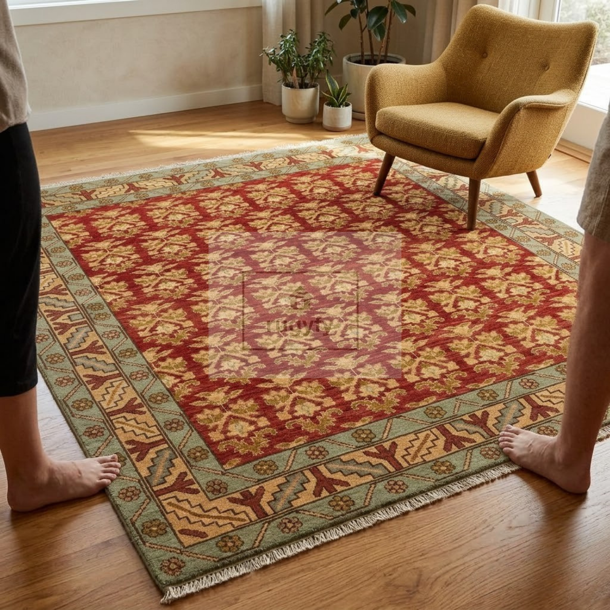 Terracotta Red & Gold Oushak Area Rug | 8x10 9x12 ft Hand-Knotted New Zealand Wool | Burgundy Tribal Turkish Living Room Rug