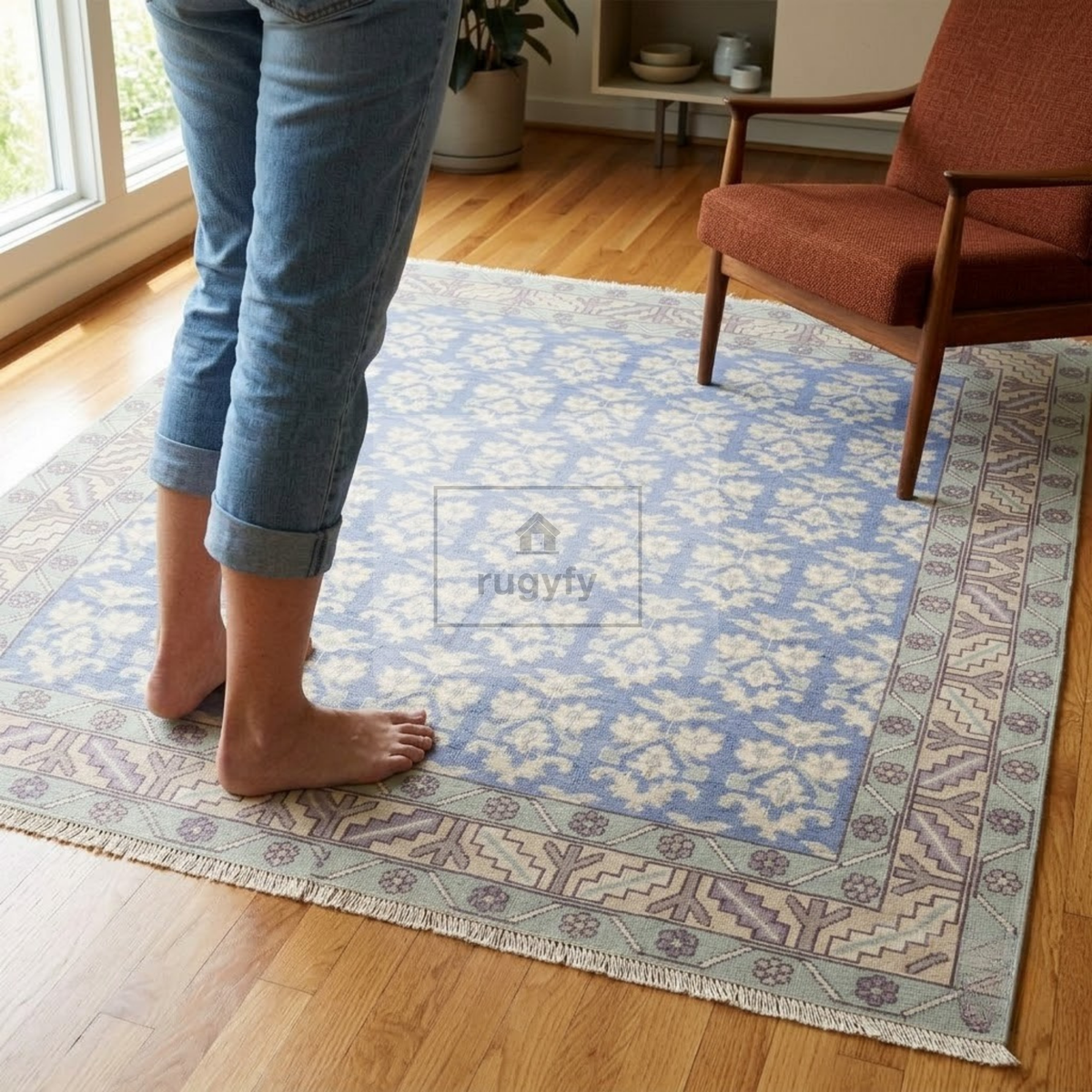 Dusty Blue & Ivory Oushak Area Rug | 8x10 9x12 ft Hand-Knotted New Zealand Wool | Periwinkle Floral Turkish Living Room Rug