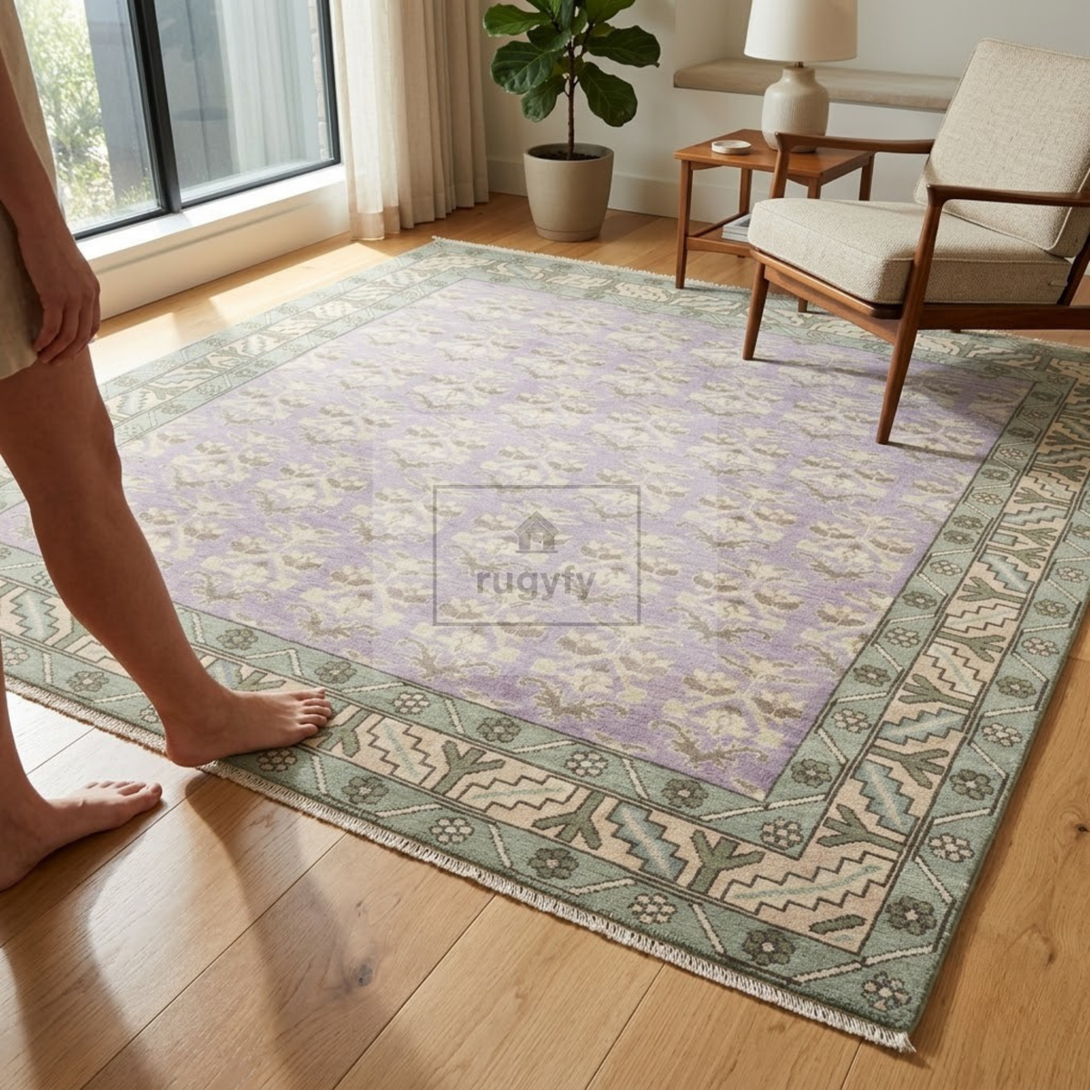 Lavender & Sage Oushak Area Rug | 8x10 9x12 ft Hand-Knotted New Zealand Wool | Lilac Floral Turkish Rug