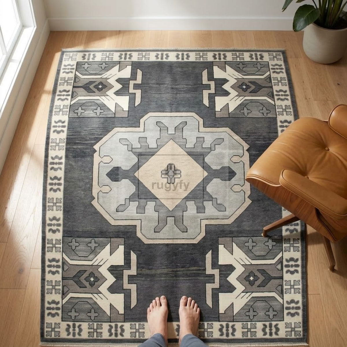 Charcoal & Ivory Oushak Wool Rug | 6x9 8x10 ft Hand-Knotted | Bedroom Living Room Area Rug