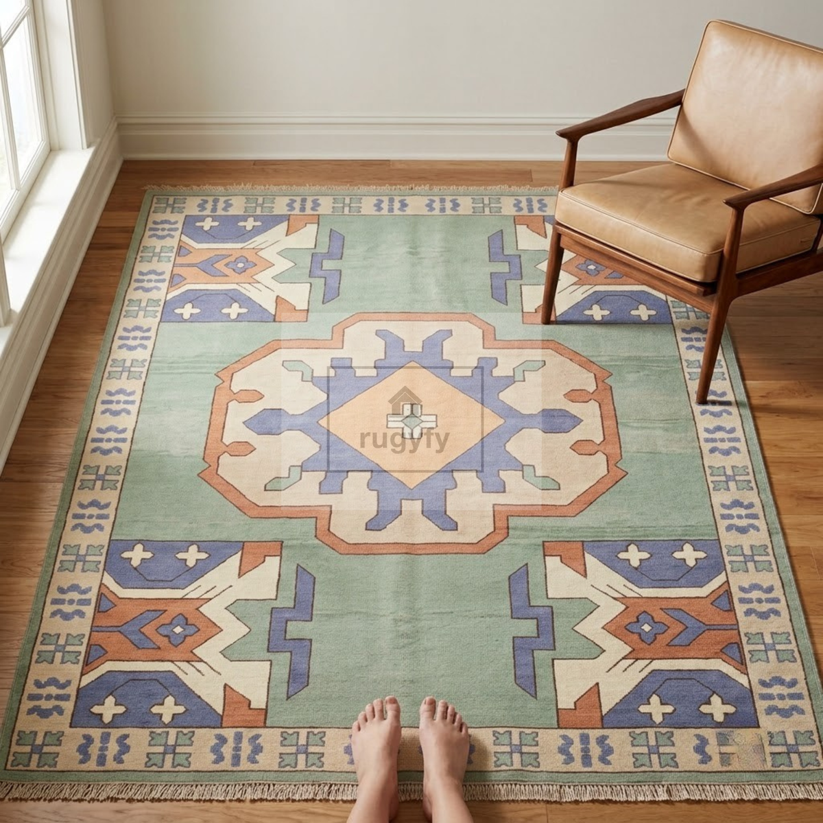 Sage Green & Blue Turkish Oushak Rug | 5x8 8x10 ft Hand-Knotted Wool | Living Room Bedroom Rug