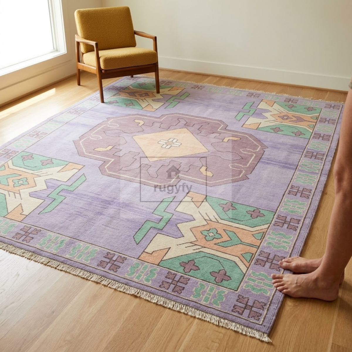 Lavender & Mint Kazak Rug | Hand-Knotted Geometric Medallion Wool Rug | Bedroom & Nursery 8x10