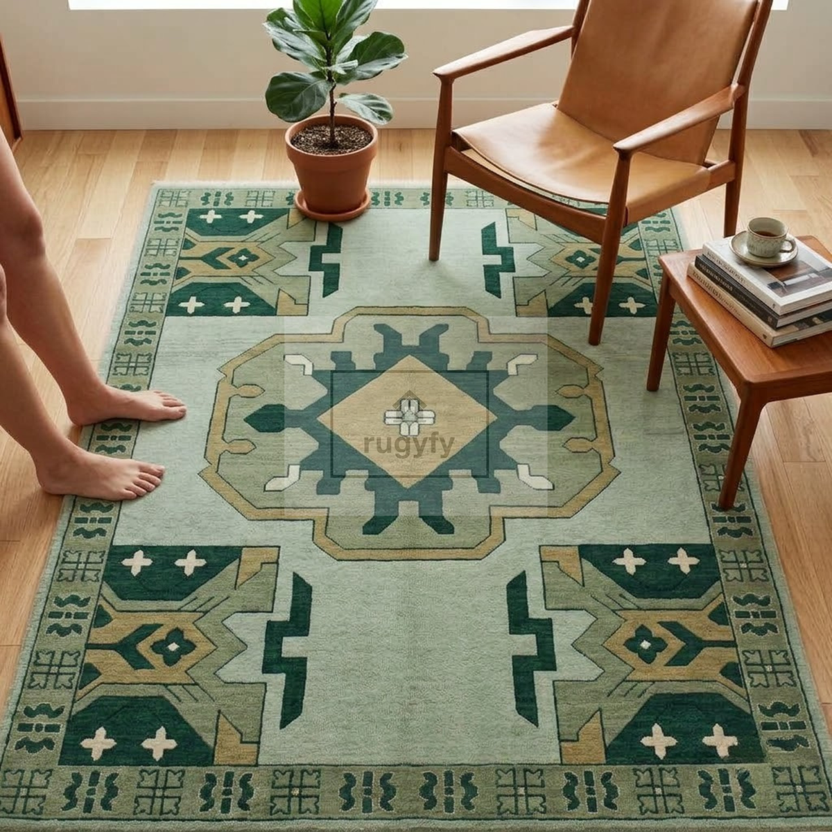 Mint & Forest Green Kazak Rug | Hand-Knotted Geometric Medallion Wool Rug | Farmhouse Dining Room 9x12