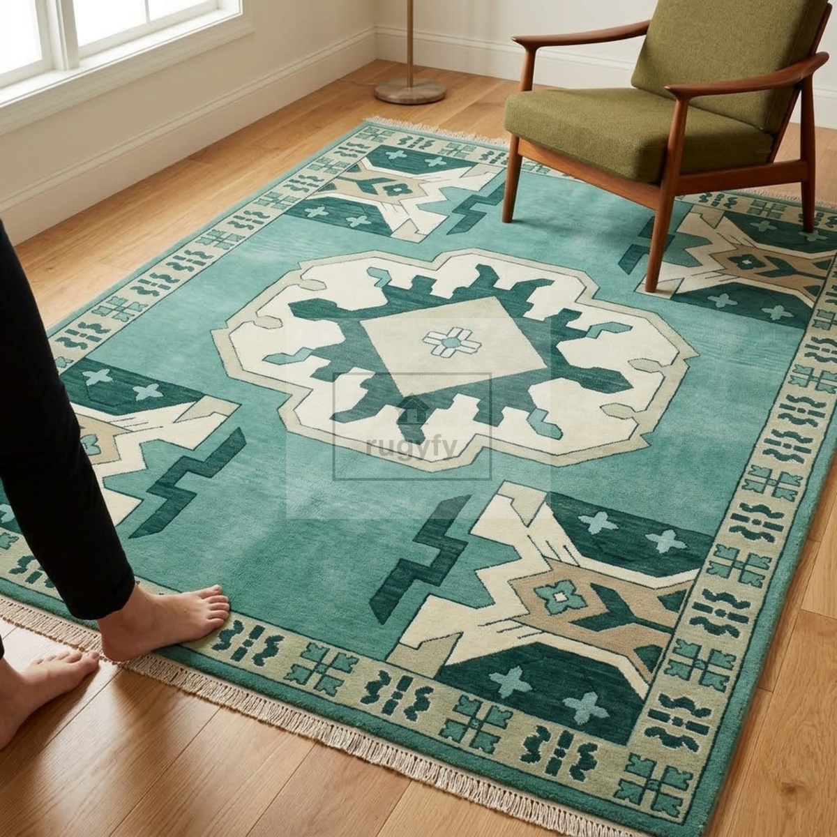 Jade Green & Cream Kazak Rug | Hand-Knotted Tribal Medallion Wool Area Rug | Living Room Entryway 8x10