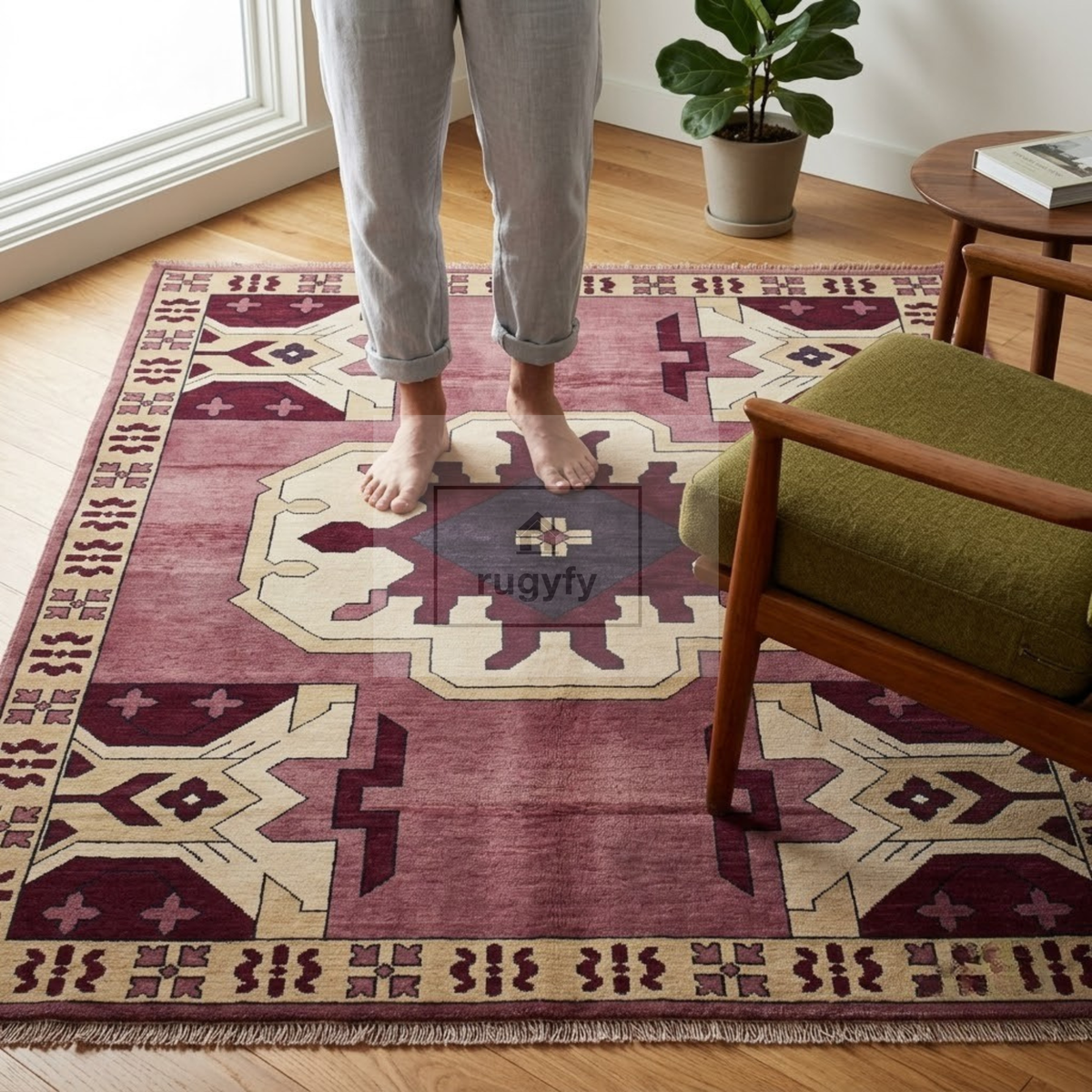 Burgundy & Gold Kazak Rug | Hand-Knotted Caucasian Tribal Geometric Wool Rug | Library Den Living Room 9x12