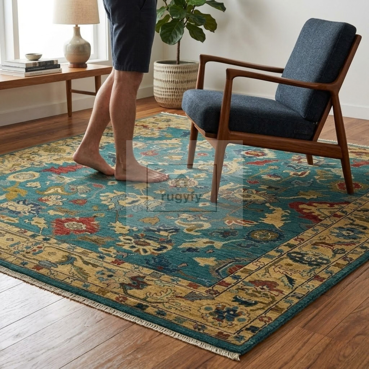Teal & Gold Oushak Wool Rug | 6x9 8x10 ft Hand-Knotted | Bedroom Living Room Area Rug