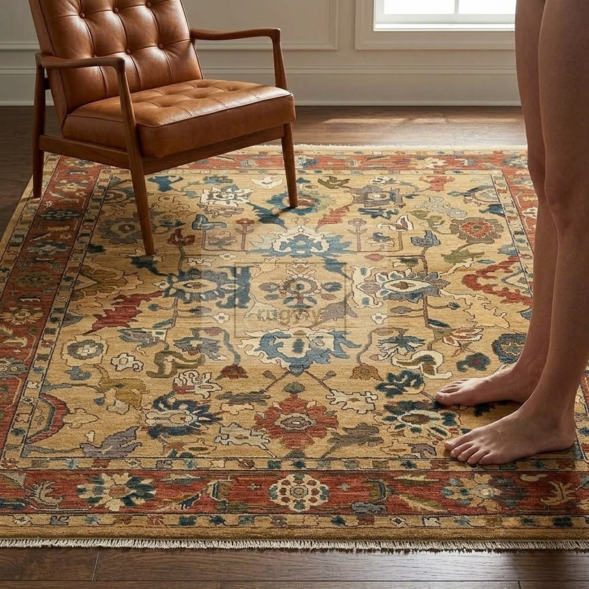Gold & Brick Red Turkish Oushak Rug | 5x8 8x10 ft Hand-Knotted New Zealand Wool | Living Room Bedroom Rug