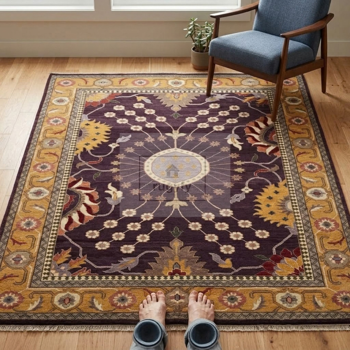 Dark Plum & Gold Turkish Oushak Rug | 5x8 8x10 ft Hand-Knotted New Zealand Wool | Living Room Bedroom Rug