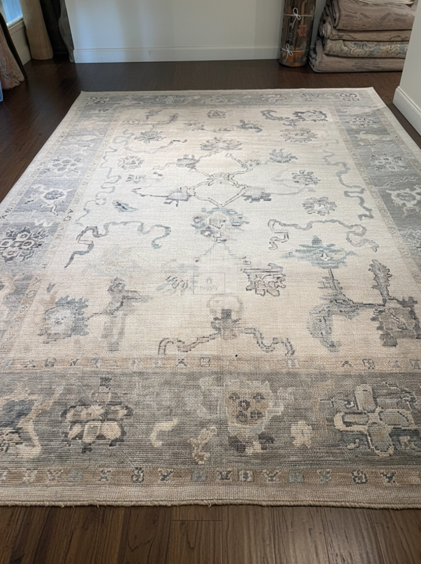 Charcoal & Cream Hand-Knotted Wool Oushak Rug | Floral Vine Anatolian Area Rug for Living Room