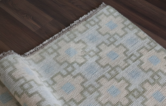 Ivory & Sage Hand-Knotted Wool Oushak Rug | Geometric Anatolian Area Rug for Bedroom