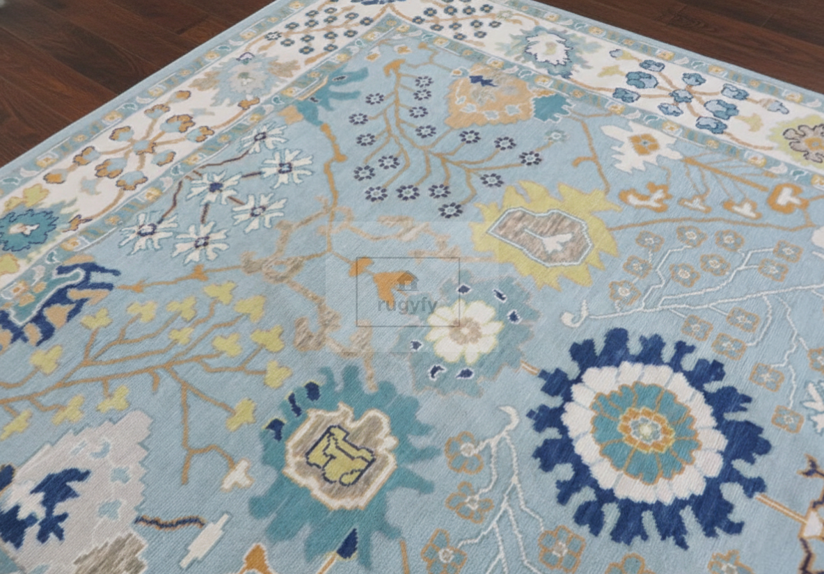 Sky Blue & Ivory Hand-Knotted Wool Oushak Rug | Floral Botanical Anatolian Area Rug for Living Room