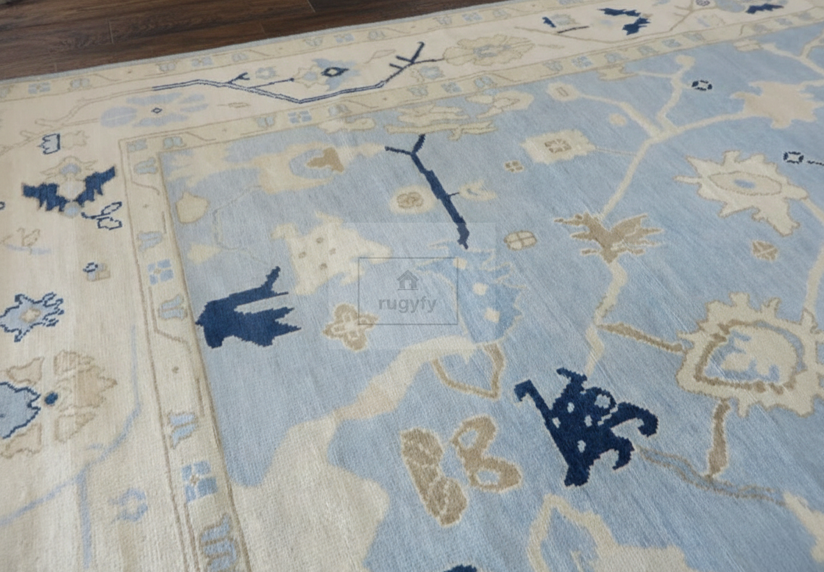 Sky Blue & Ivory Oushak Rug | 5x8 & 8x10 ft | Hand-Knotted Wool Floral | Living Room & Bedroom