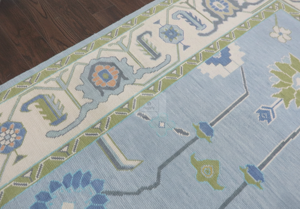 Blue & Ivory Oushak Rug | 5x8 & 8x10 ft | Hand-Knotted Wool Botanical Floral | Living Room & Bedroom