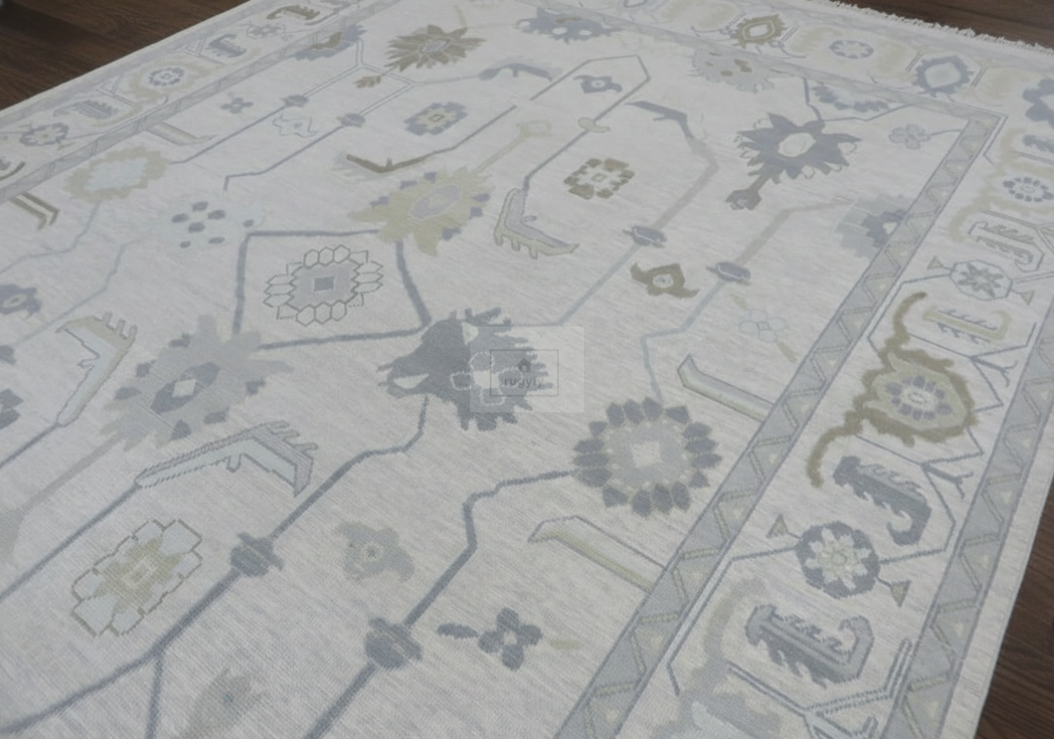 Ivory & Grey Oushak Rug | 6x9 & 8x10 ft | Hand-Knotted Wool Floral | Bedroom & Living Room