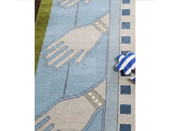 Sky Blue & Olive Green Oushak Area Rug | 5x8 8x10 9x12 ft Hand-Knotted Wool | Living Room Bedroom Turkish Rug
