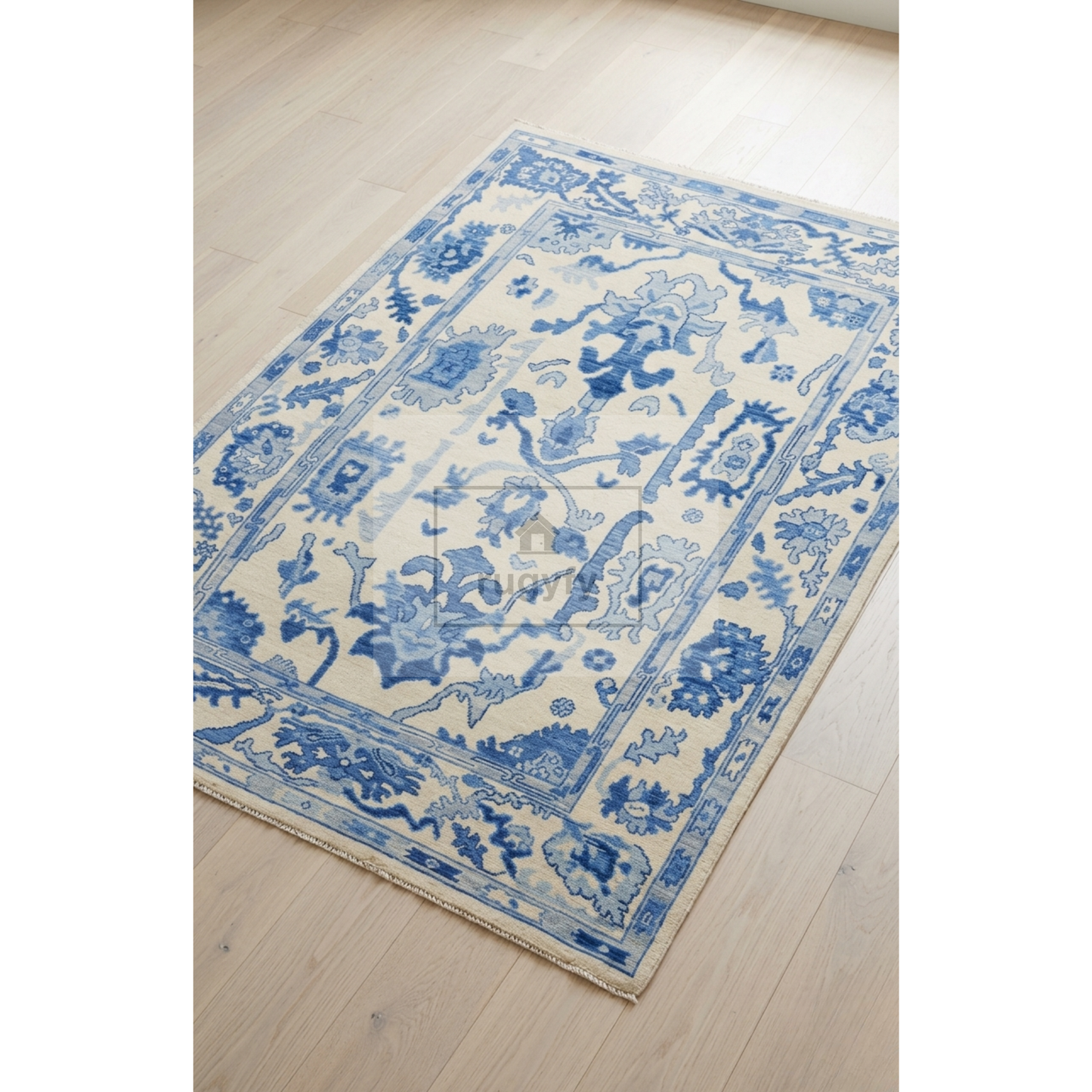 Ivory & Blue Oushak Rug – Hand Knotted Turkish Wool Area Rug for Living Room