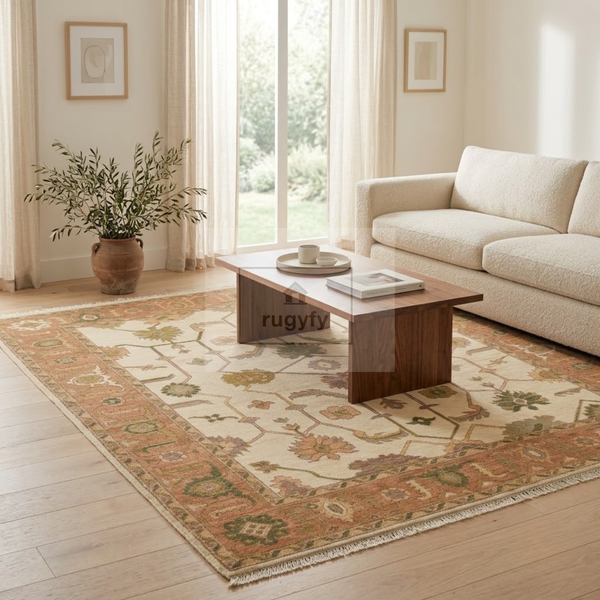 Ivory & Blush Pink Sultanabad Oushak Rug | Hand-Knotted Wool 8x10 9x12 | Olive Green Palmette Area Rug