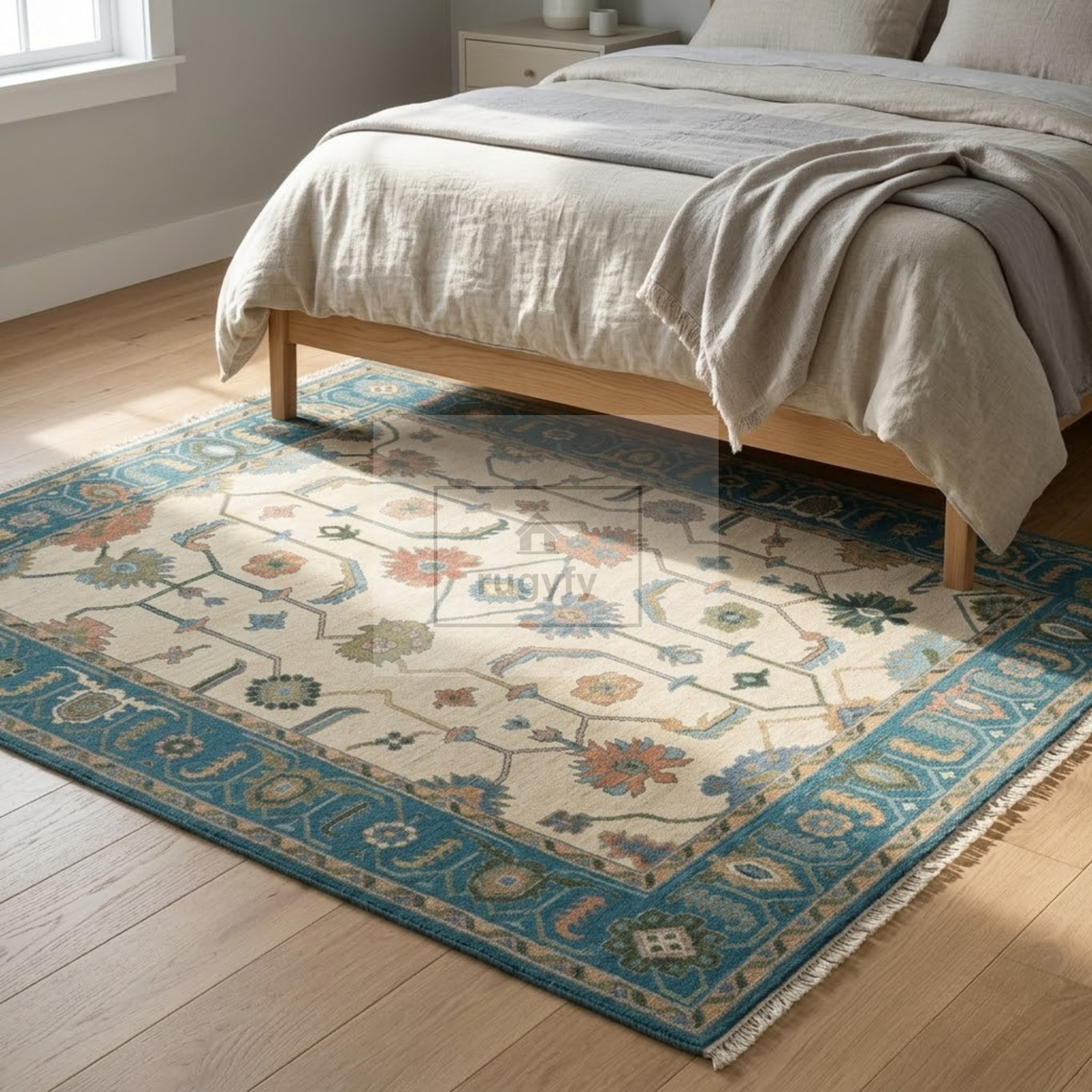 Ivory & Teal Blue Sultanabad Oushak Rug | Hand-Knotted Wool 8x10 9x12 | Cream Palmette Area Rug