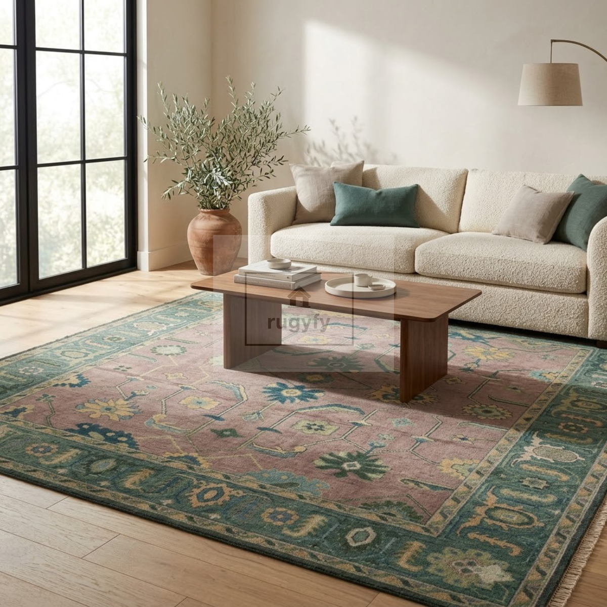 Dusty Mauve & Teal Green Sultanabad Oushak Rug | Hand-Knotted Wool 8x10 9x12 | Plum Rose Dining Room Rug