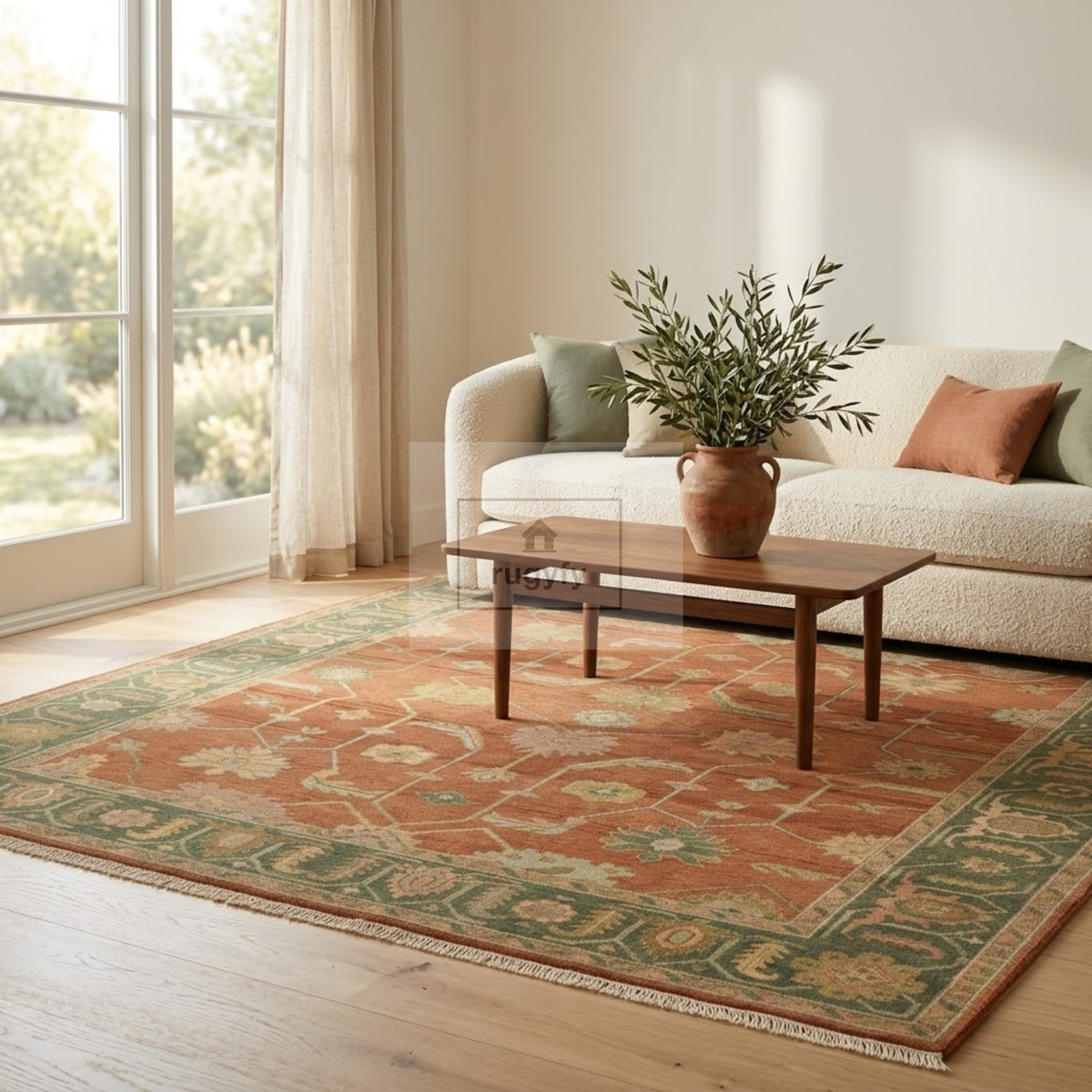 Rust Terracotta & Sage Green Sultanabad Oushak Rug | Hand-Knotted Wool 8x10 9x12 | Earthy Palmette Rug