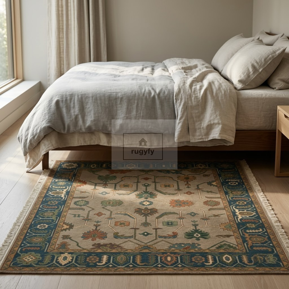 Taupe & Teal Blue Sultanabad Oushak Rug | Hand-Knotted Wool 8x10 9x12 | Sand Beige Square & Area Rug