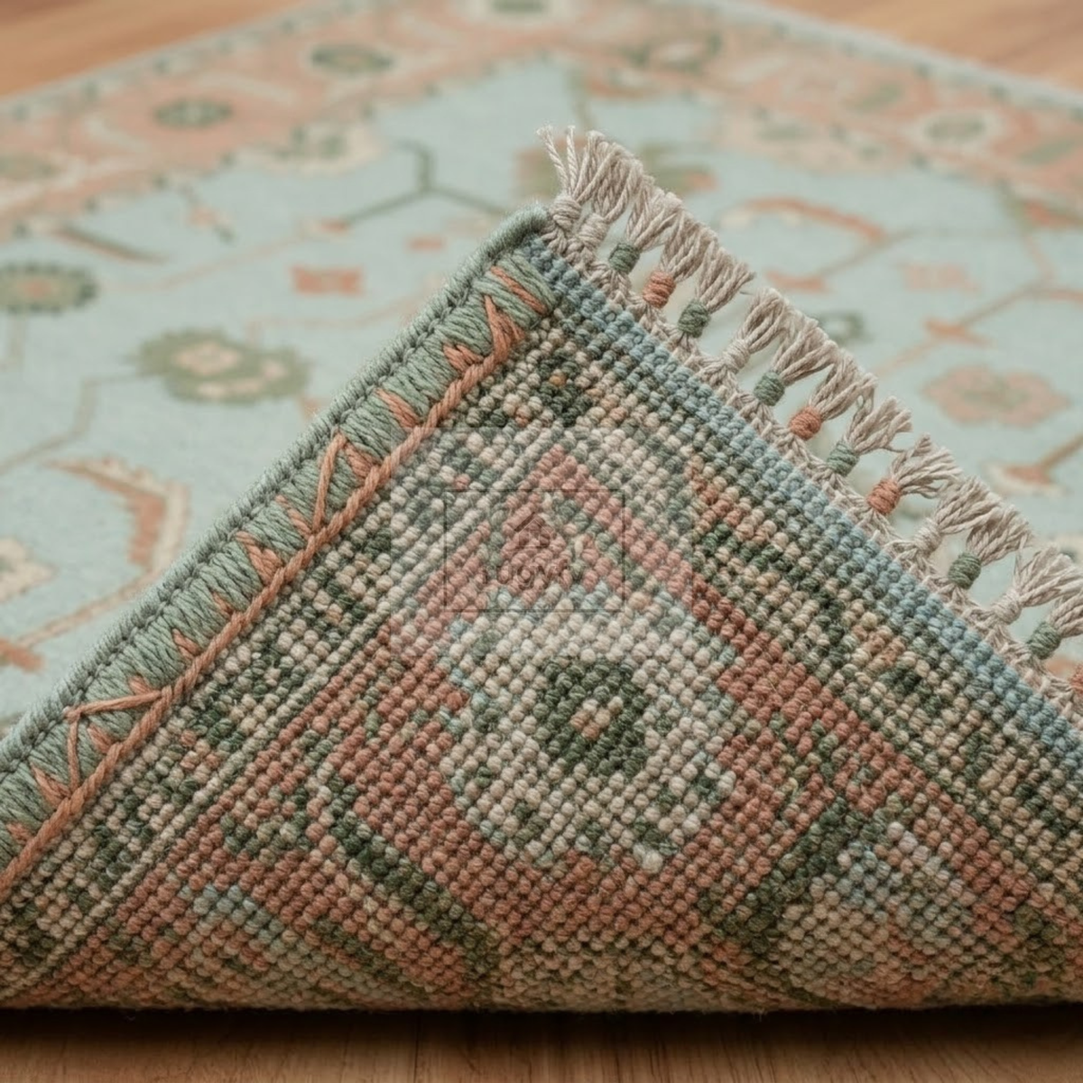 Seafoam Aqua & Coral Sultanabad Oushak Rug | Hand-Knotted Wool 8x10 9x12 | Mint & Peach Palmette Rug