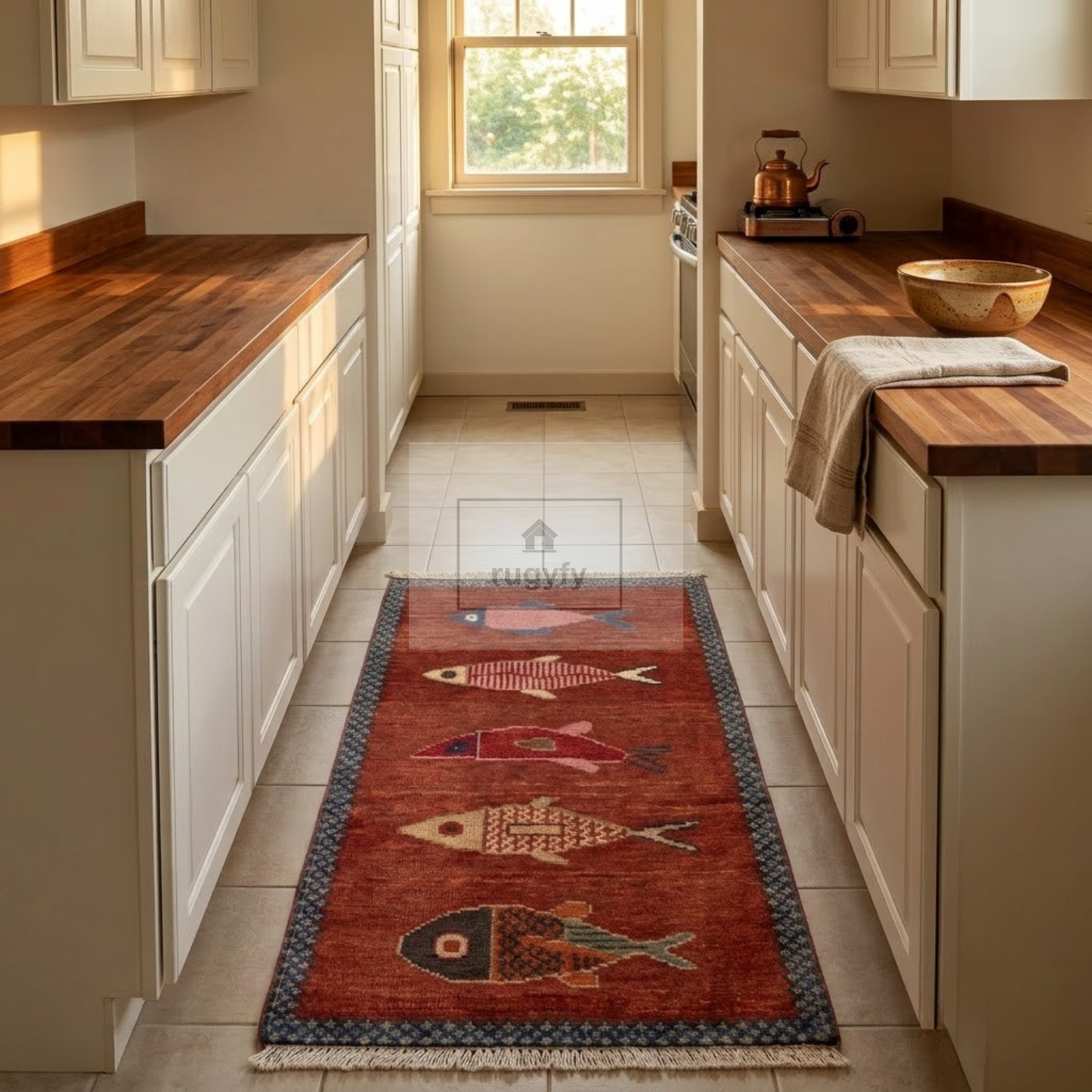 Terracotta Fish Motif Hand-Knotted Wool Rug | 2026's Trending Rust Pictorial Rug for Living Room