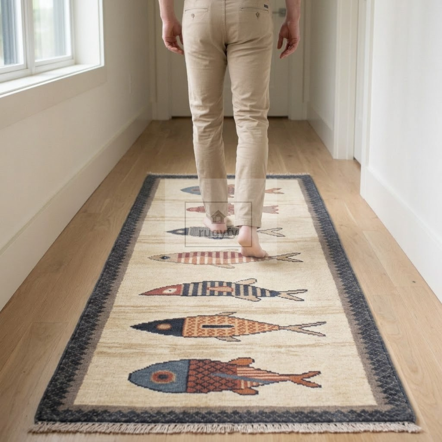 Ivory Fish Motif Hand-Knotted Wool Rug | Quiet Luxury Pictorial Rug for Nursery &amp; Living Room