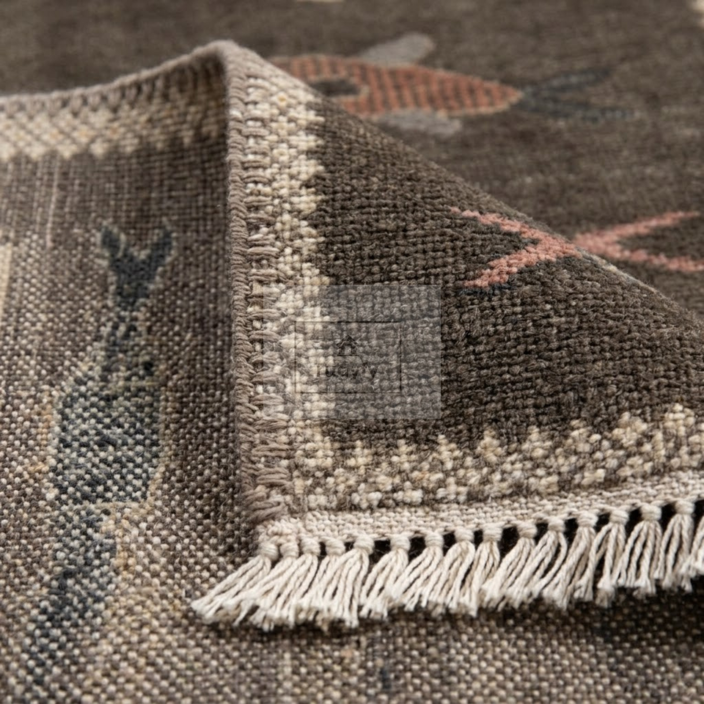 Charcoal Fish Motif Hand-Knotted Wool Rug | Moody Neutral Pictorial Rug for Hallway &amp; Entryway