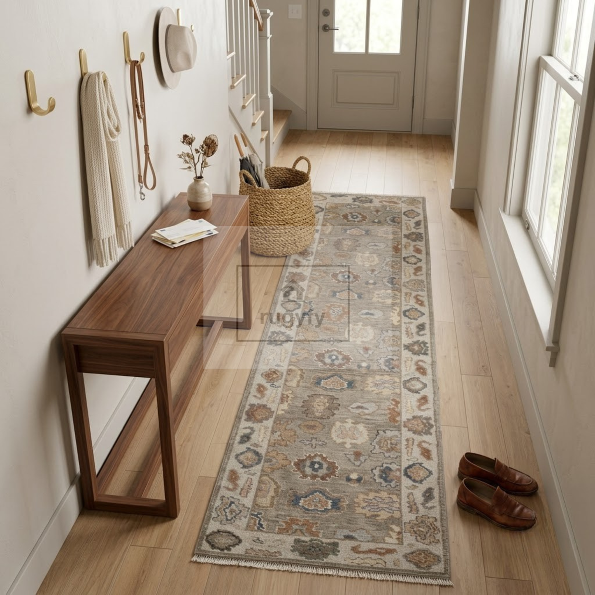 Silver & Ivory Oushak Rug | 2x8 & 2.5x10 ft | Hand-Knotted Wool Floral | Living Room & Bedroom