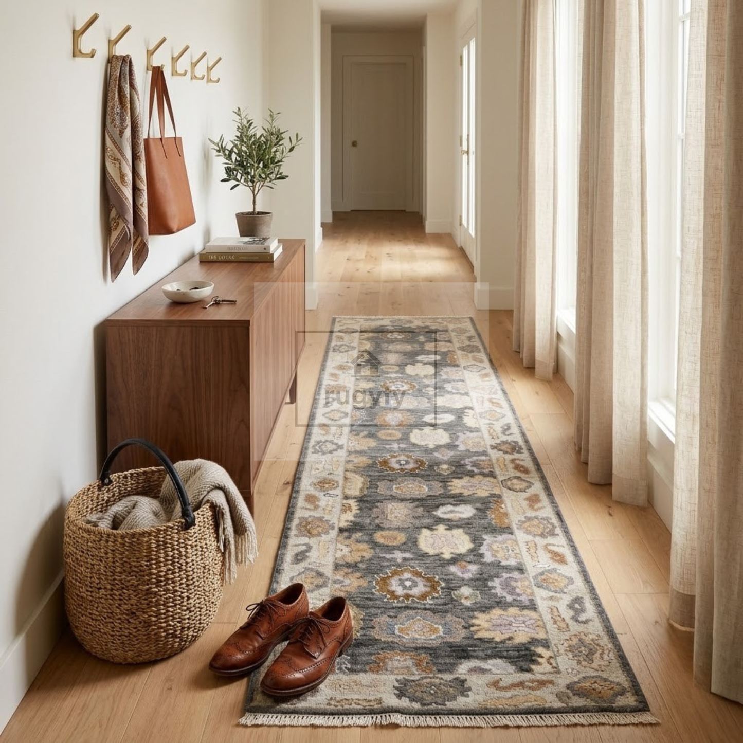 Charcoal & Ivory Oushak Rug | 2.5x12 & 3x14 ft | Hand-Knotted Wool Floral | Living Room & Dining Room