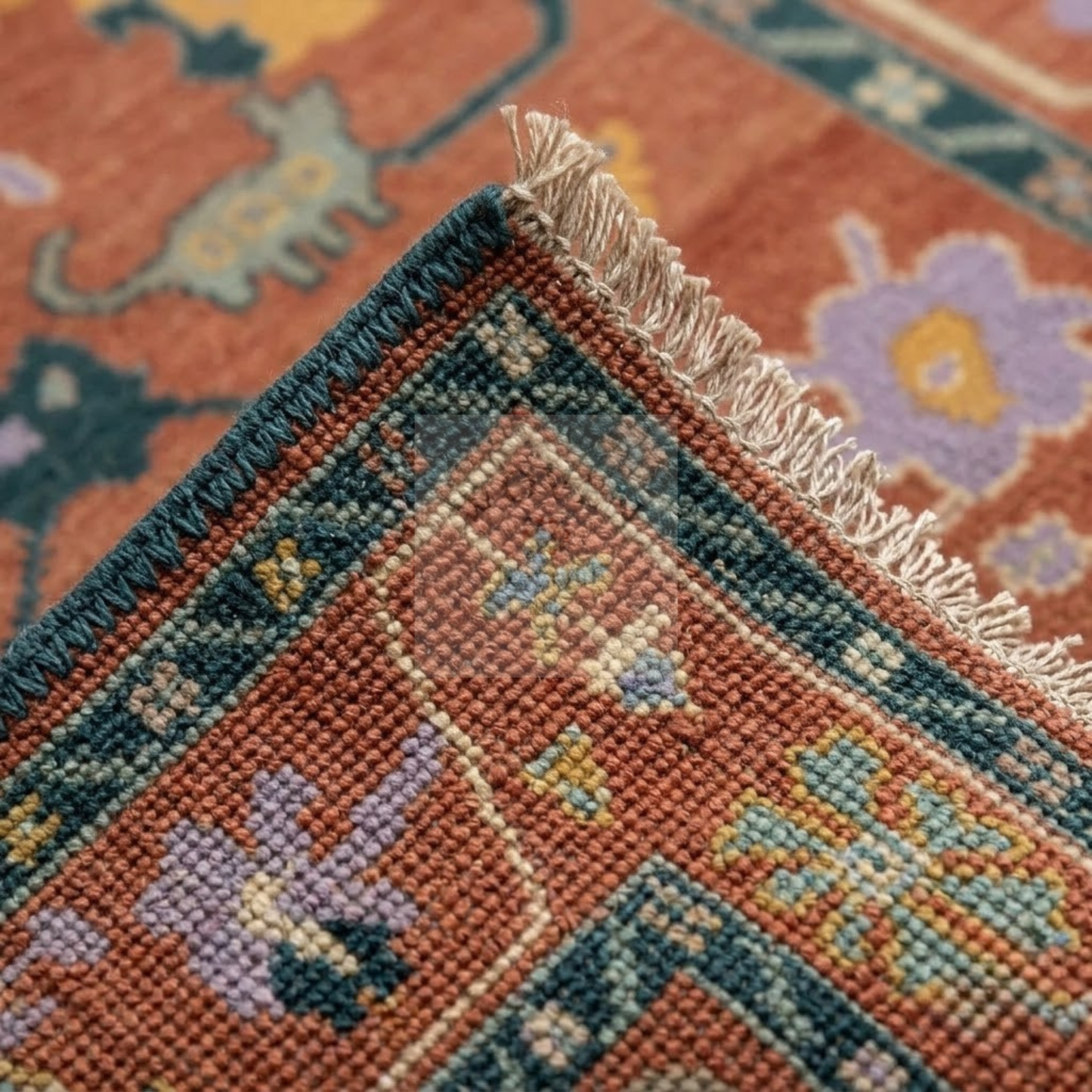 Terracotta Oushak Rug | Hand-Knotted Wool Area Rug with Folk Animal Motifs in Rust, Pine Teal & Lavender