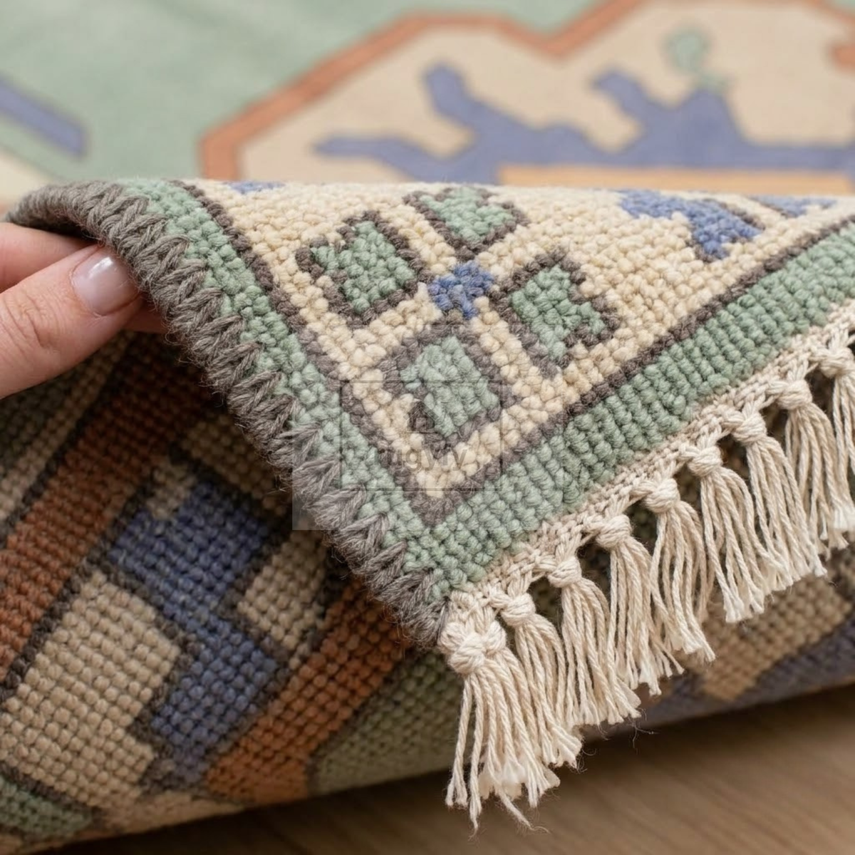 Sage Green & Blue Turkish Oushak Rug | 5x8 8x10 ft Hand-Knotted Wool | Living Room Bedroom Rug