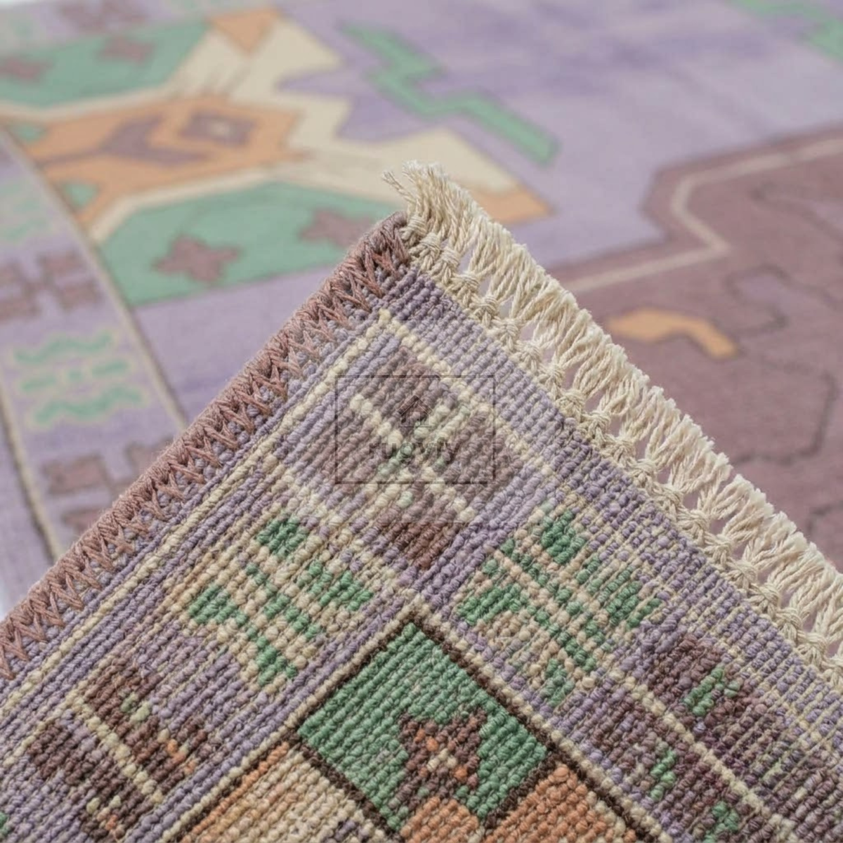 Lavender & Mint Kazak Rug | Hand-Knotted Geometric Medallion Wool Rug | Bedroom & Nursery 8x10