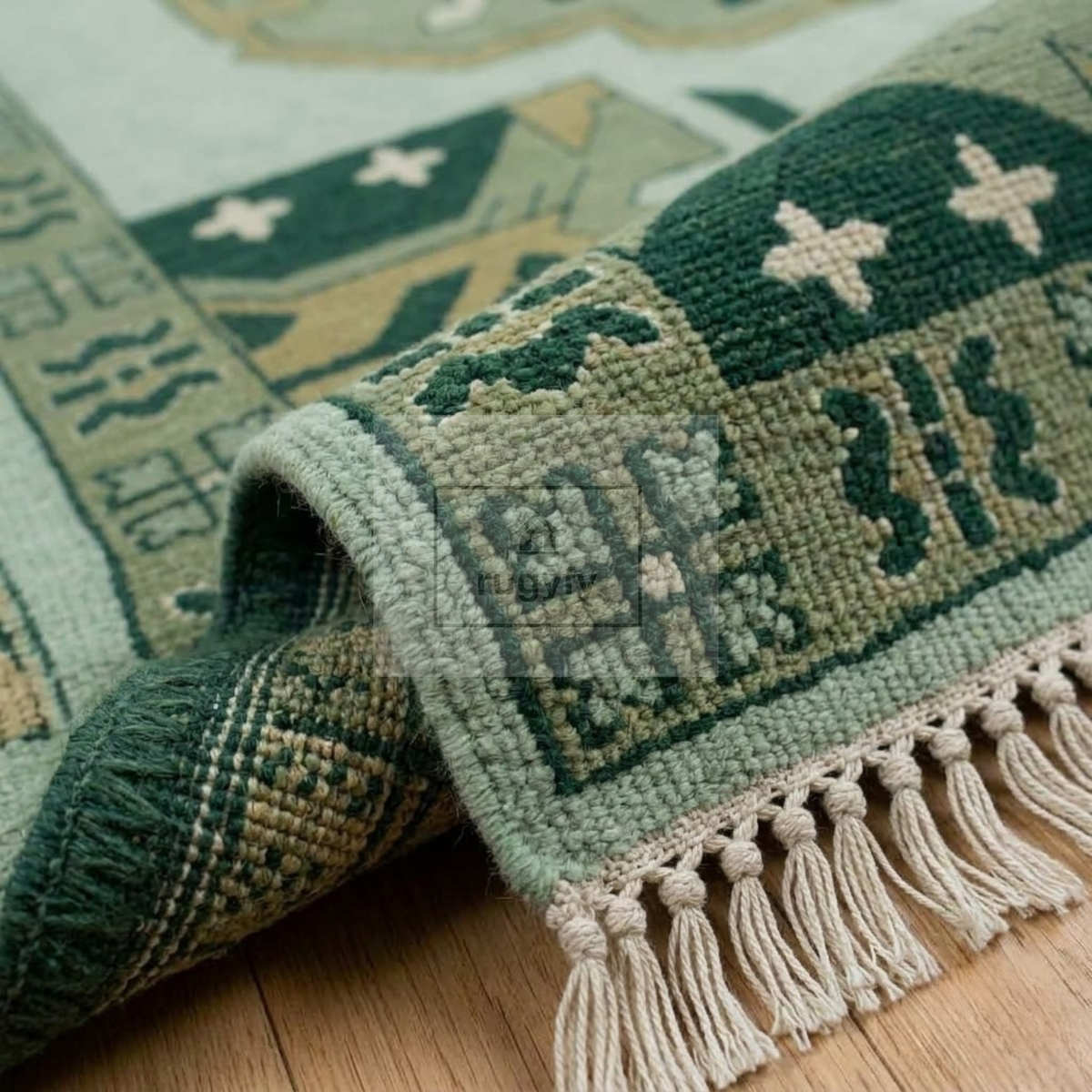 Mint & Forest Green Kazak Rug | Hand-Knotted Geometric Medallion Wool Rug | Farmhouse Dining Room 9x12
