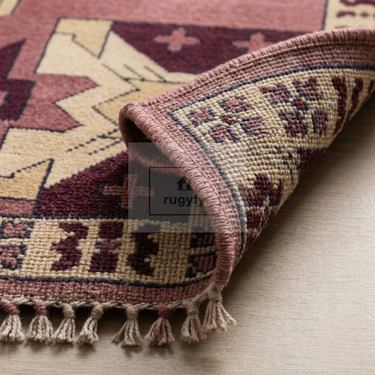 Burgundy & Gold Kazak Rug | Hand-Knotted Caucasian Tribal Geometric Wool Rug | Library Den Living Room 9x12