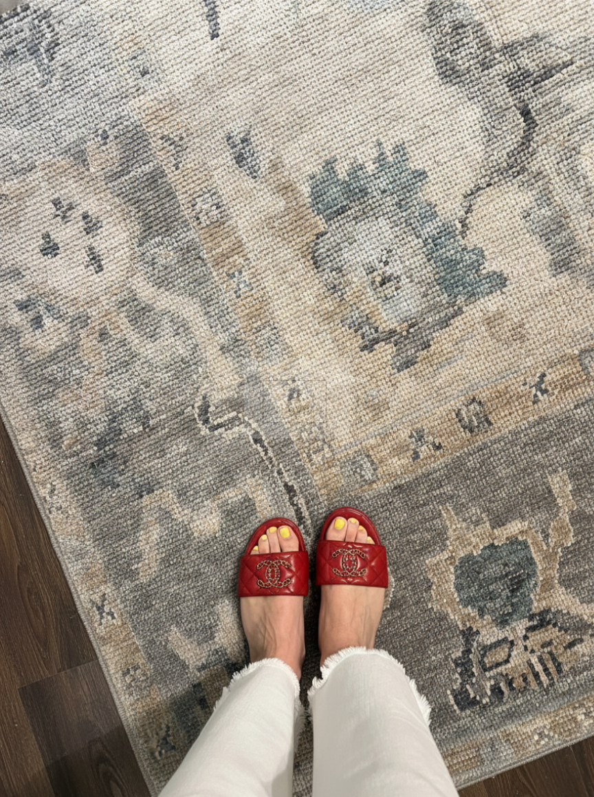 Charcoal & Cream Hand-Knotted Wool Oushak Rug | Floral Vine Anatolian Area Rug for Living Room