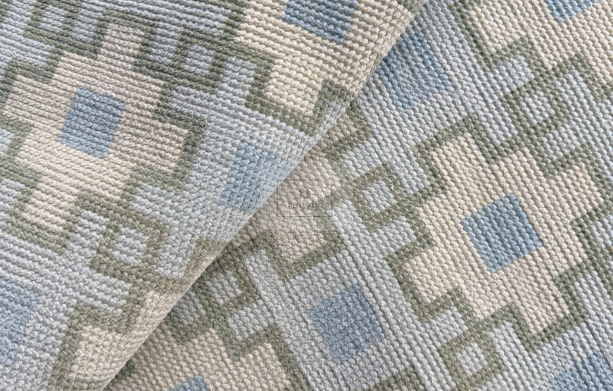 Ivory & Sage Hand-Knotted Wool Oushak Rug | Geometric Anatolian Area Rug for Bedroom