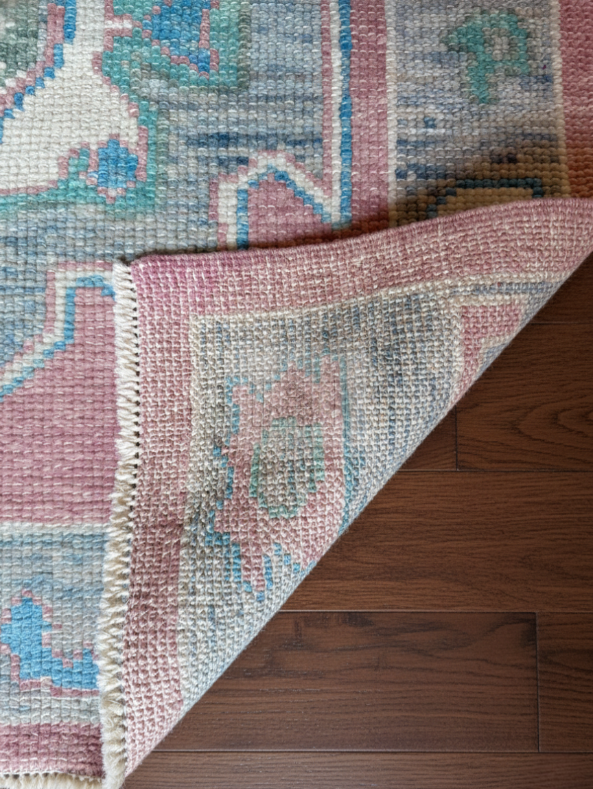 Blush & Teal Oushak Rug | 9x12 & 10x14 ft | Hand-Knotted Wool Geometric | Living Room & Dining Room