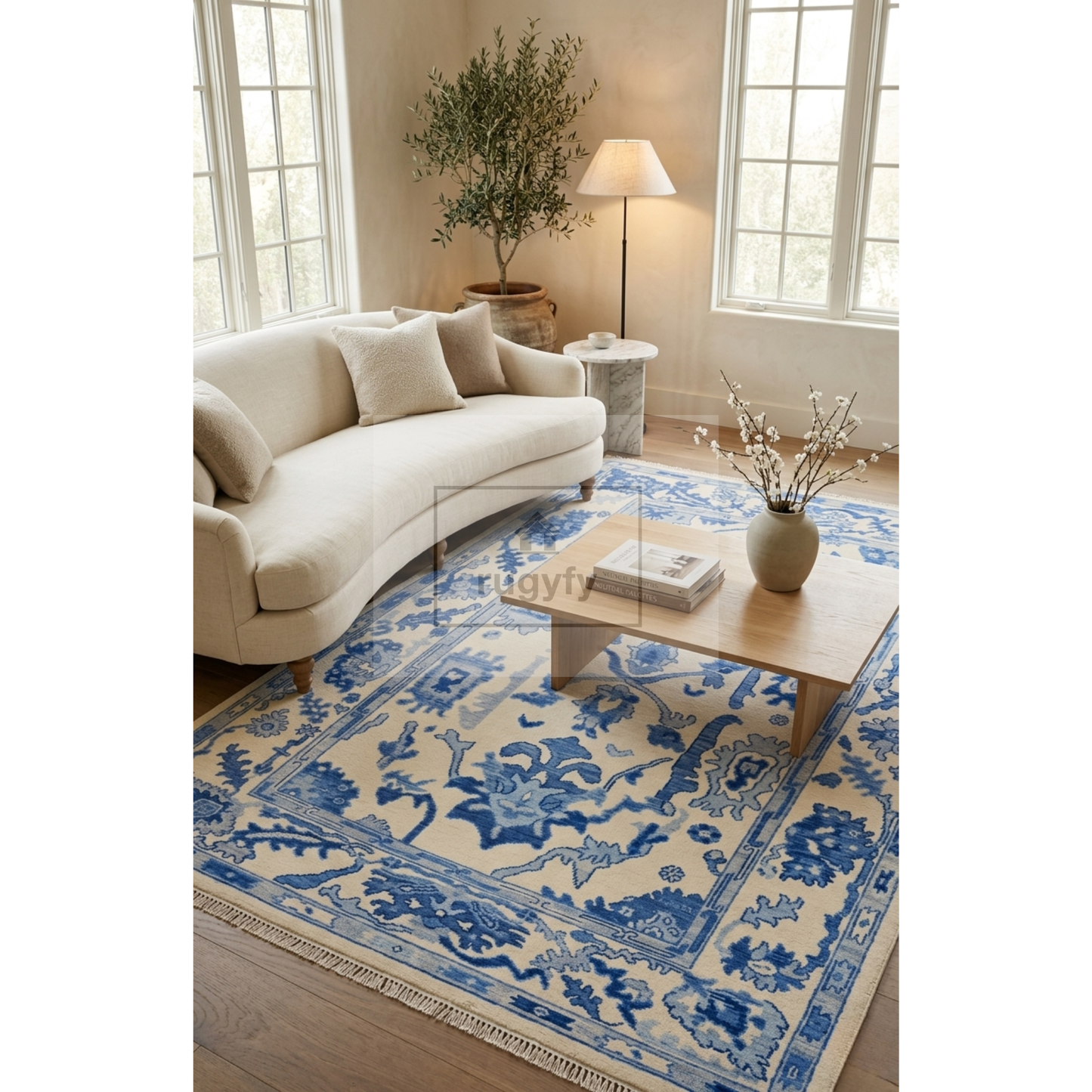 Ivory & Blue Oushak Rug – Hand Knotted Turkish Wool Area Rug for Living Room