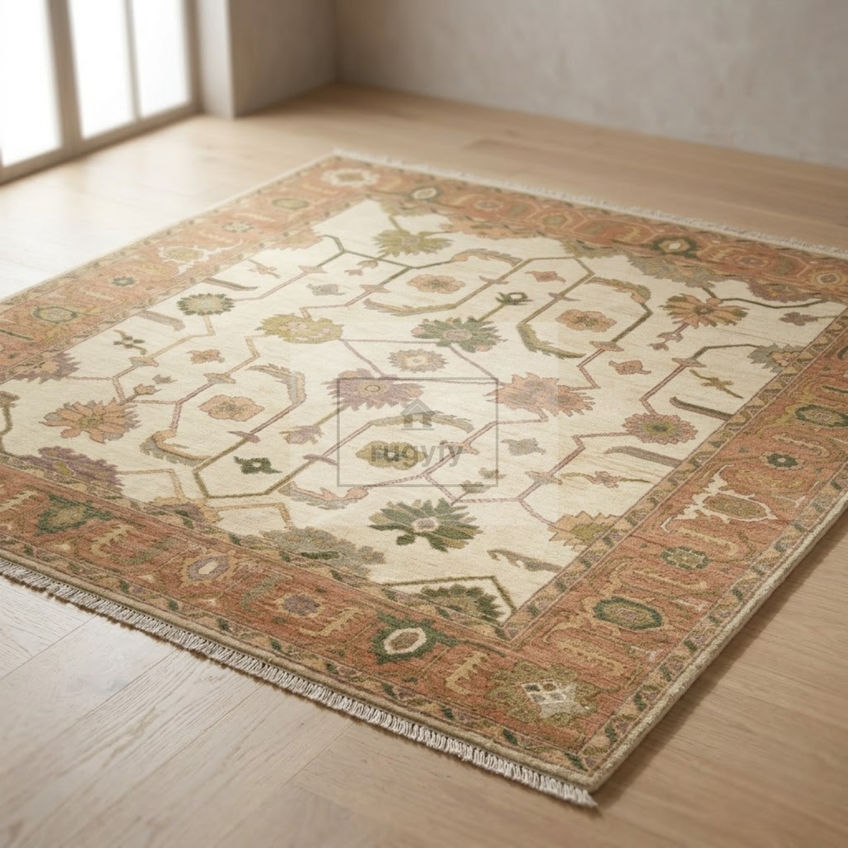 Ivory & Blush Pink Sultanabad Oushak Rug | Hand-Knotted Wool 8x10 9x12 | Olive Green Palmette Area Rug