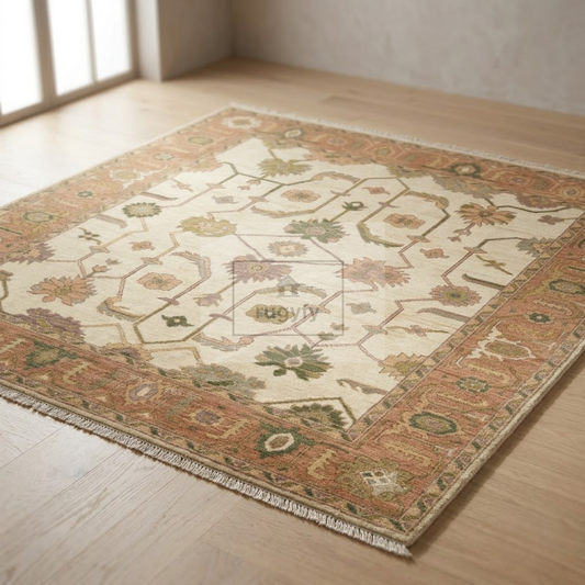 Ivory & Blush Pink Sultanabad Oushak Rug | Hand-Knotted Wool 8x10 9x12 | Olive Green Palmette Area Rug