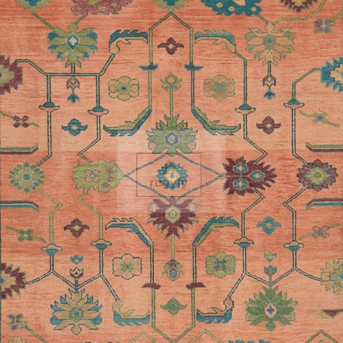 Coral & Navy Blue Sultanabad Oushak Rug | Hand-Knotted Wool 8x10 9x12 | Terracotta Palmette Area Rug